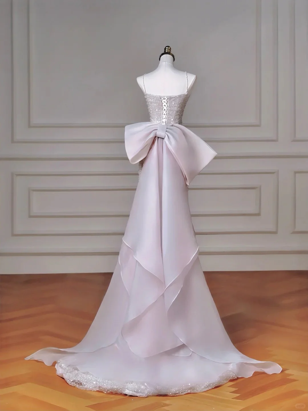 Modest Pink Spaghetti Strap Evening Dresses Mermaid Tulle with Bow Beading Long Prom Dresses Graduation Dresses DH02719 - Deanwangkt