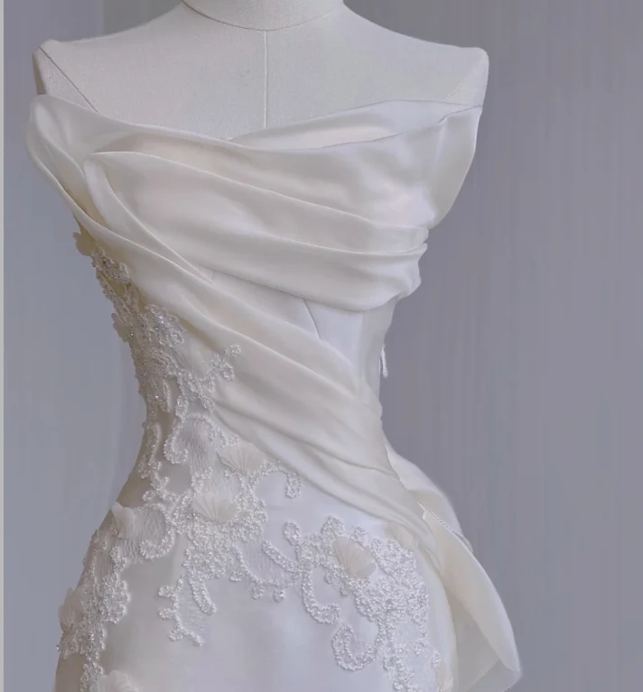 Dreamy Mermaid Strapless Long Satin Wedding Dresses Summer Brides Dress DP436 - Deanwangkt