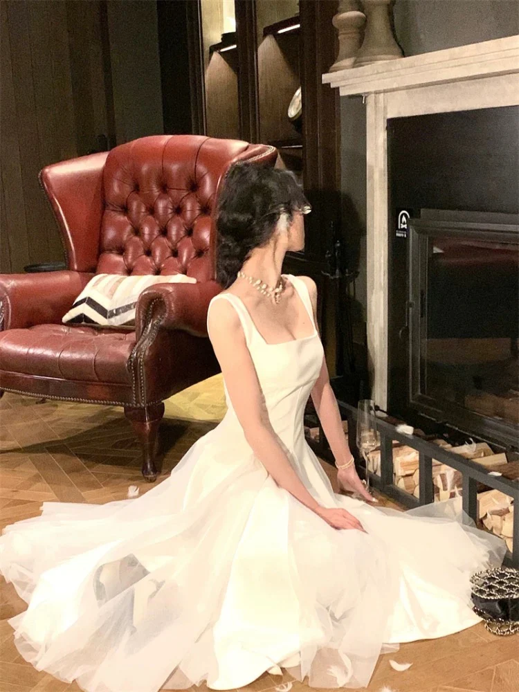 Elegant A Line Square Neck White Chiffon Sleeveless Long Evening Party Gowns Evening Formal Dresses Prom Dress DH98 - Deanwangkt