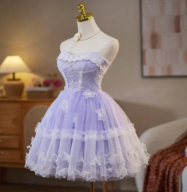 Sweet Strapless A-Line Tulle Lace Short Prom Dresses, Purple Homecoming Dresses DP3127 - Deanwangkt