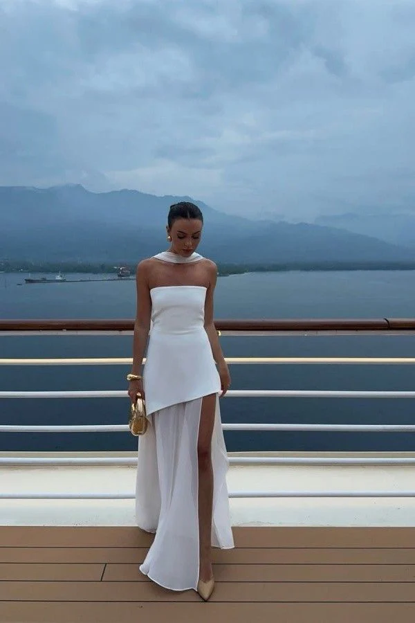 Classy Mermaid Strapless White Chiffon Formal Long Prom Gown Summer Wedding Guest Dress Bridal Guest Dresses Wedding Outfits For Guest DH2348 - Deanwangkt