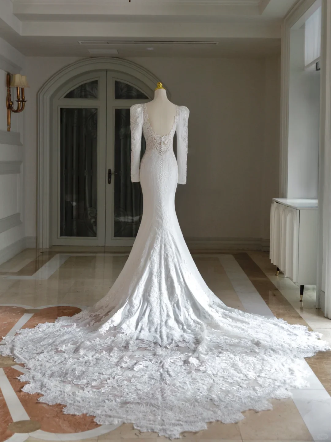 Simple Mermaid Square Neck Long Sleeves Satin Wedding Dress With Lace Wedding Dresses Modest Wedding Gowns Brides Dress DH1298 - Deanwangkt