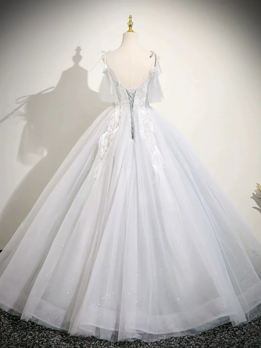 Cute V neck A-Line Tulle Long Prom Dresses, White Sweet 16 Dresses DP3169 - Deanwangkt