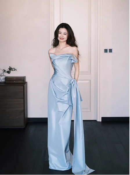 Elegant Blue Sheath Formal Evening Dress Satin Strap Birthday Dress Stunning Graduation Dress DP2836 - Deanwangkt