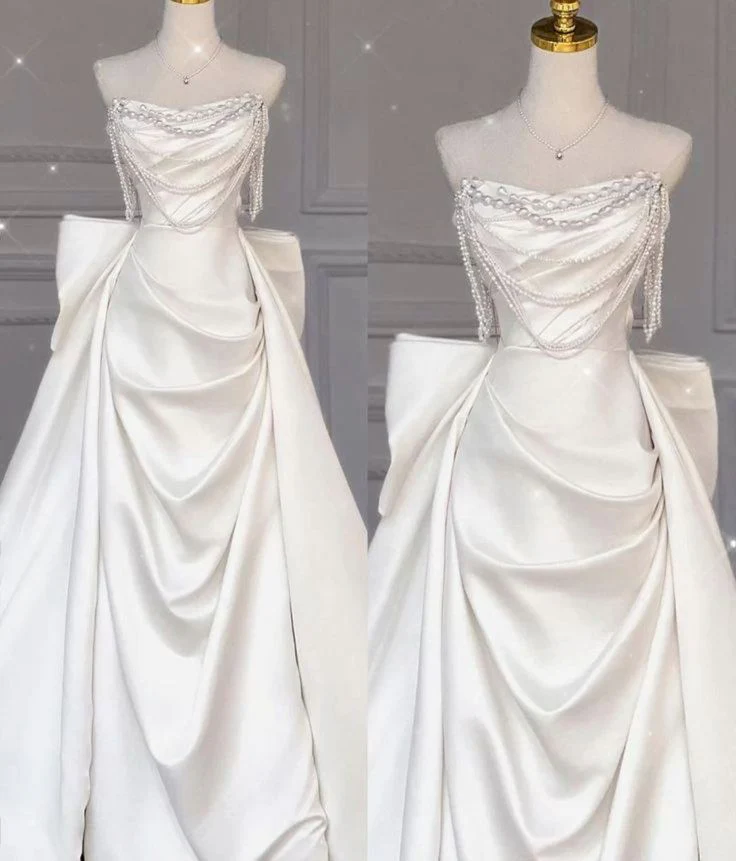 Classic Bridal Gown Sheath Sweetheart Satin Long White Wedding Dresses Elegant Bridal Gowns DH749 - Deanwangkt