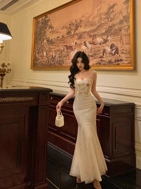 Sexy Mermaid Spaghetti Straps White Floral 18th Birthday Dress Long Party Birthday Outfits For Women DP0159 - Deanwangkt