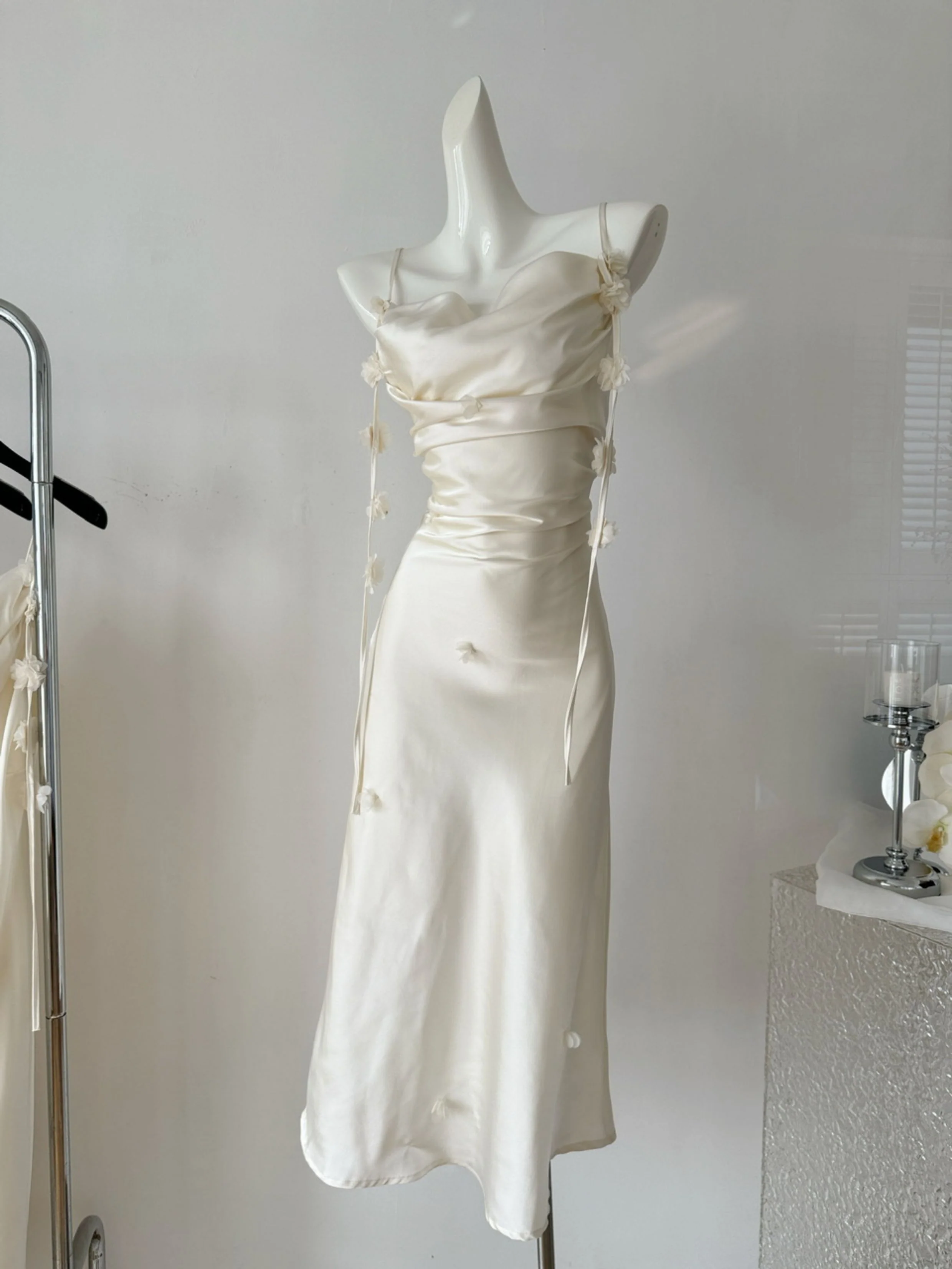 Cute A line Spaghetti Straps Champagne Floral Long Satin Summer Dress For Women DP0009 - Deanwangkt