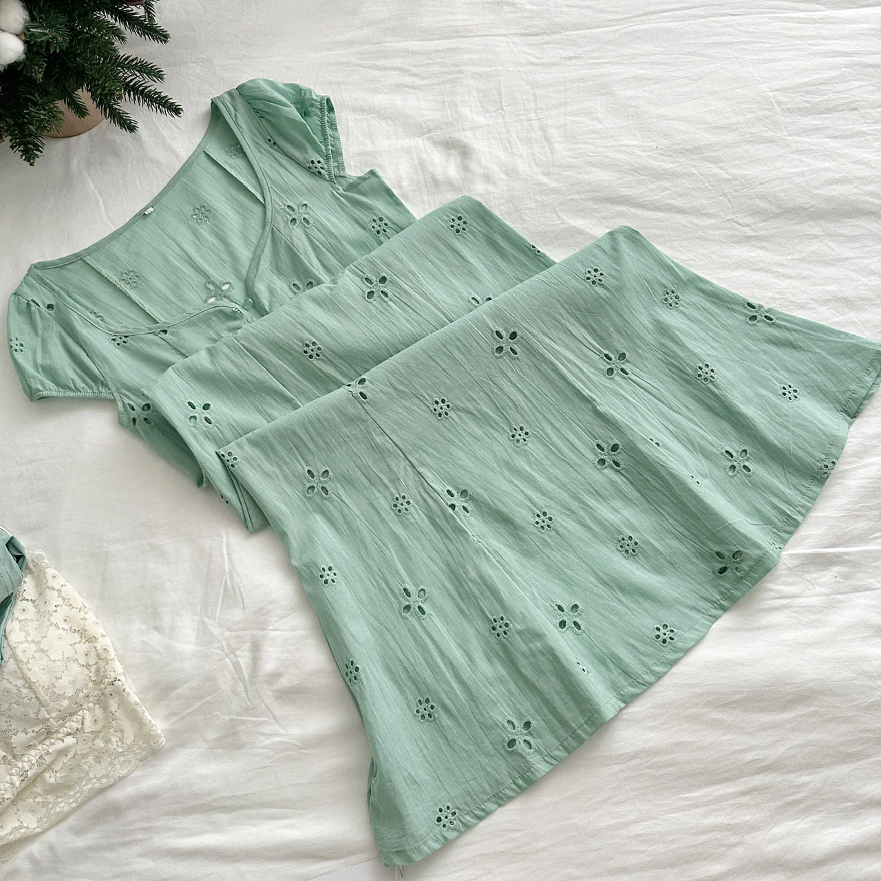 Tea Break French Puff Sleeve Hollow First Love Fishtail Dress 3-Piece Set DP0004 - Deanwangkt