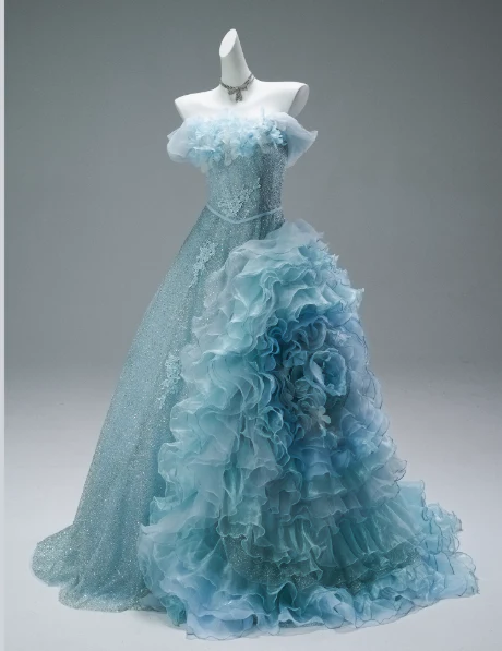 Stunning Off-the-Shoulder Ball Gown Tiered Sequined Mesh Flower Long Quinceanera Dress Blue Formal Gowns Vestido De 15 Anos Sweet 16 Dress DP2849 - Deanwangkt