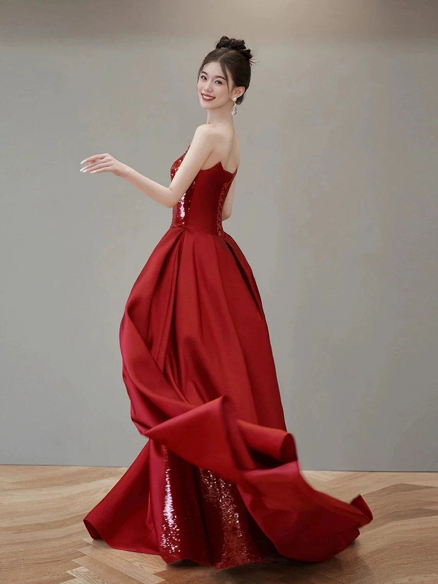 Classy Mermaid Strapless Red Sequin Long Evening Dress Long Prom Dresses H2879 - Deanwangkt