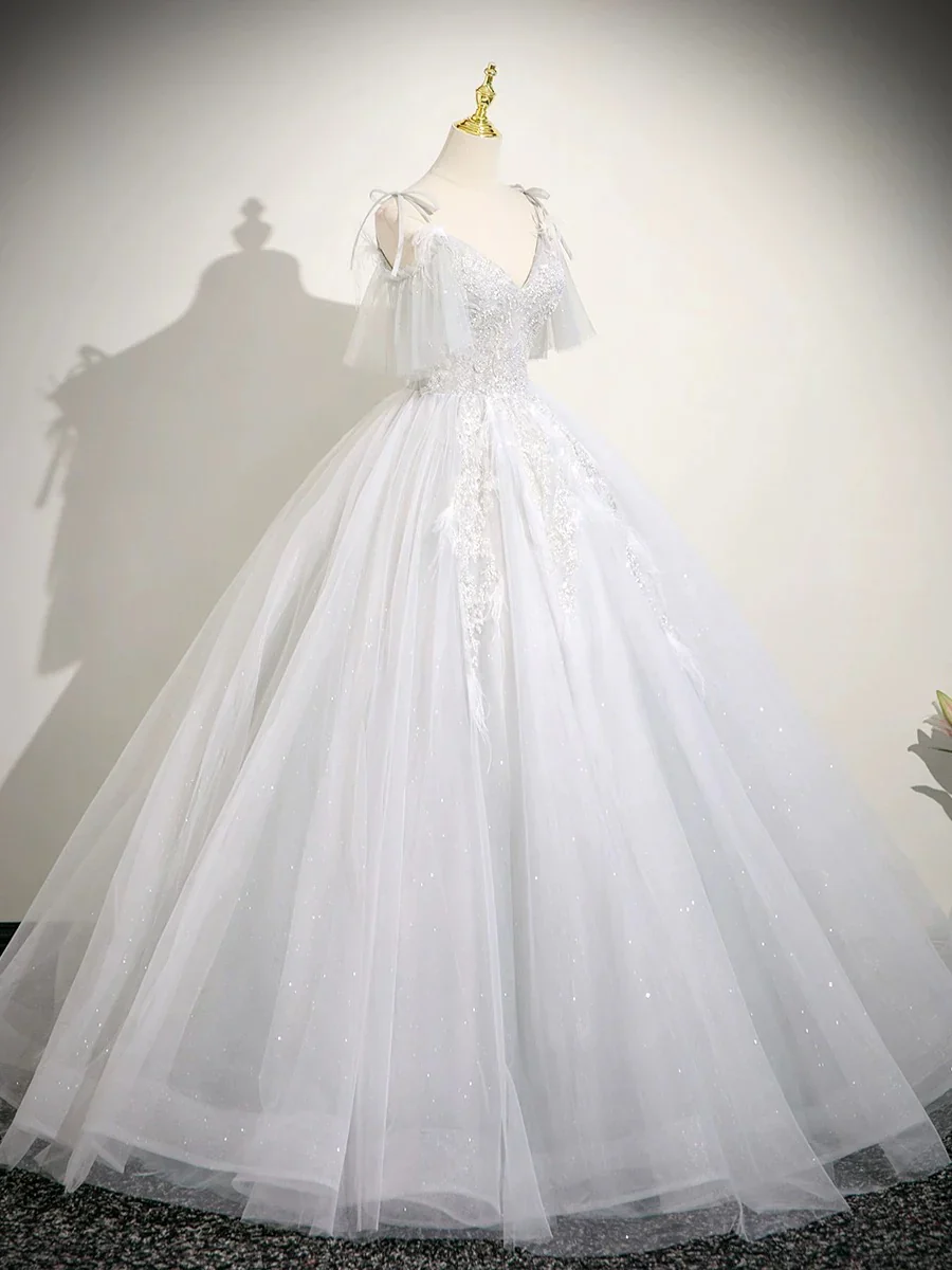 Cute V neck A-Line Tulle Long Prom Dresses, White Sweet 16 Dresses DP3169 - Deanwangkt