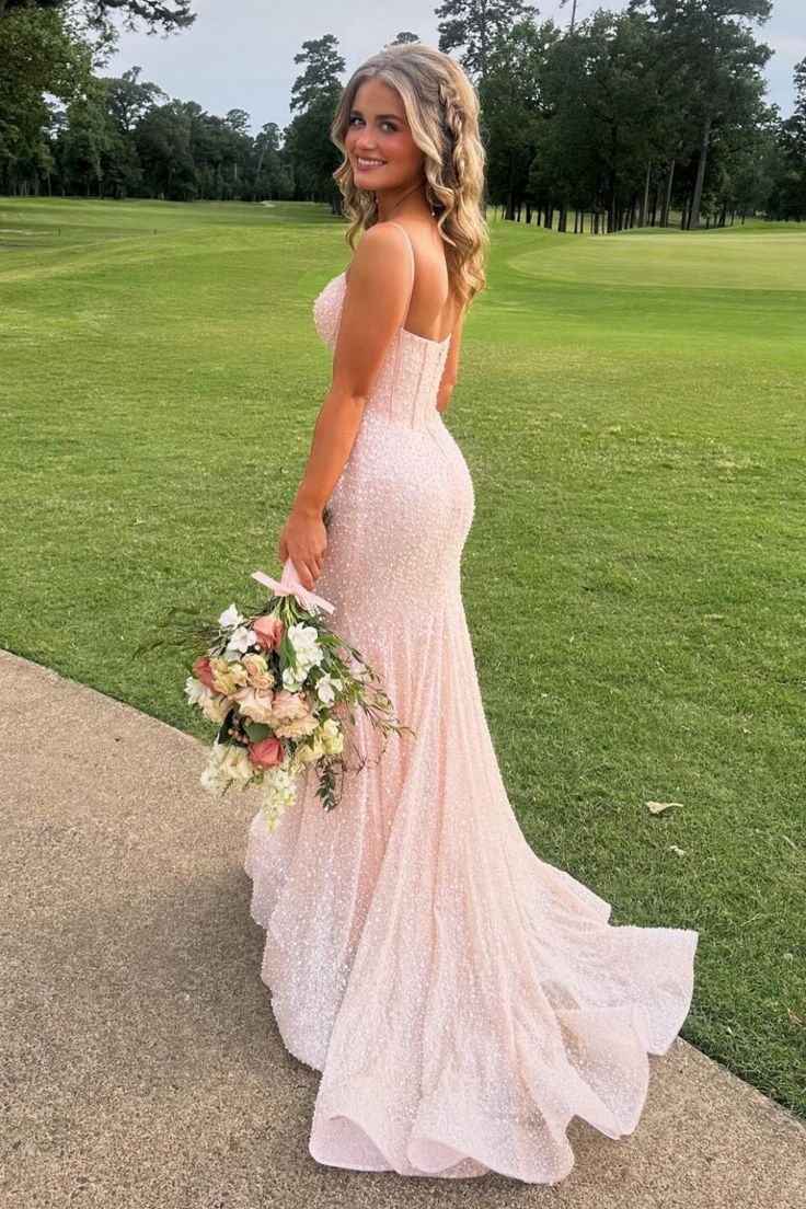 Classy Plunge Neck Blush Pink Sequin Mermaid Long Prom Dresses Graduation Dress DP474 - Deanwangkt