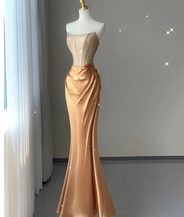 Pretty Mermaid Strapless Satin Sleeveless Long Prom Dresses Evening Dresses DP445 - Deanwangkt