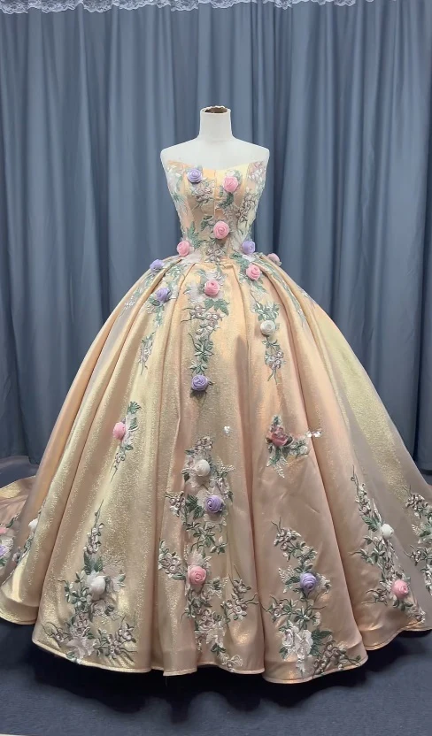 Gorgeous Strapless Ball Gown Satin Long Prom Dresses Applique Gold Quinceanera Dresses Sweet 16 Dress DP3294 - Deanwangkt