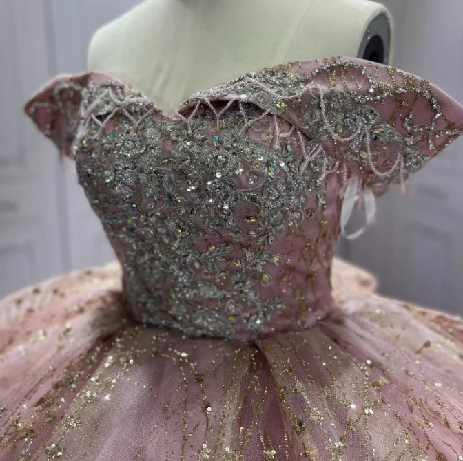 Gorgeous Rose Gold Off-the-shoulder Tulle Long Ball Gown Sparkly Sweet16th Birthday Dress Cute Beaded Sequins Quinceanera Dress DH2734 - Deanwangkt