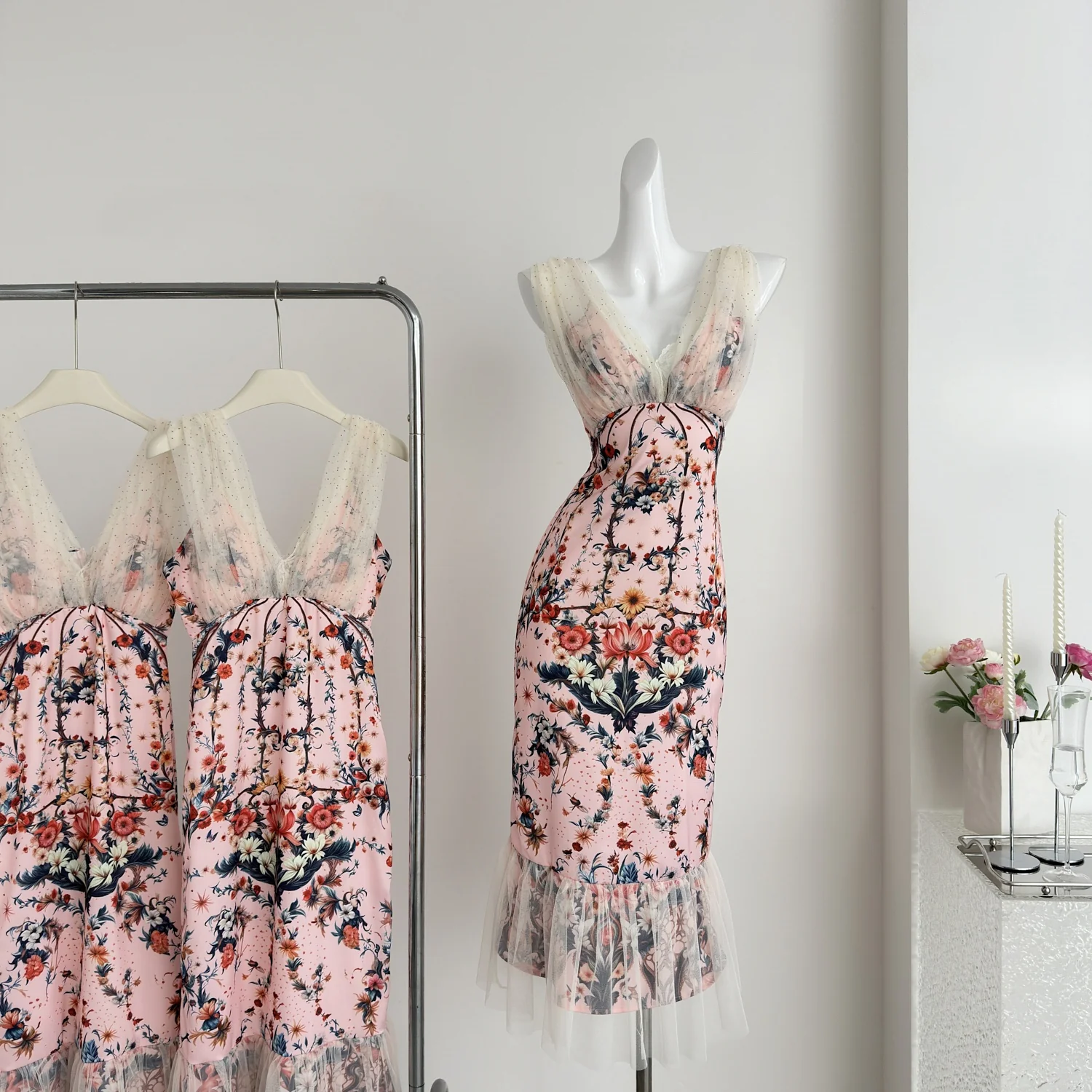 Cute Mermaid V Neckline Floral Pink Lace Long Summer Dress For Women DP0025 - Deanwangkt