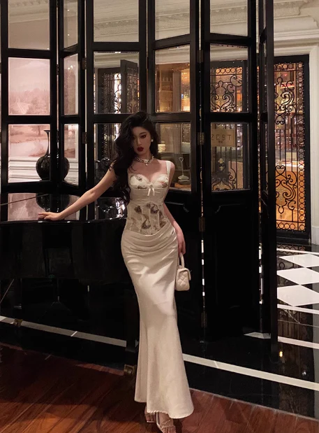 Elegant Mermaid 2 Pieces White Satin Sleeveless 21st Birthday Dresses Evening Gown Birthday Outfits Birthday Dress Ideas For Women DP1423 - Deanwangkt