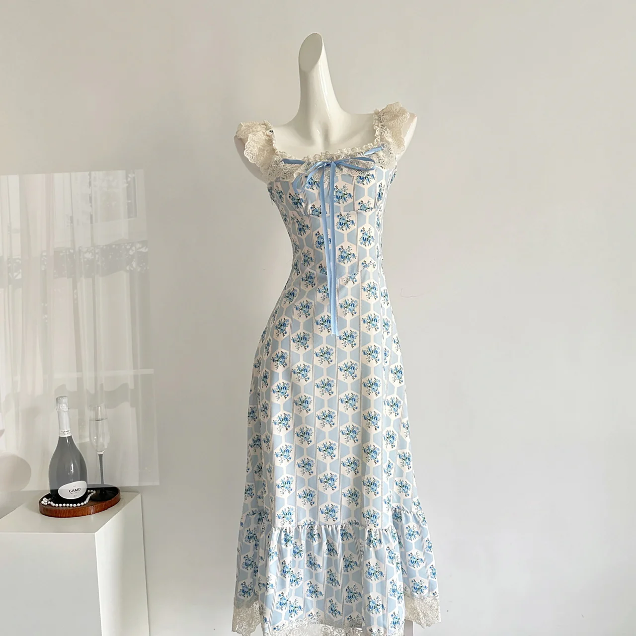 Sexy A line Straps Floral Blue Summer Dress Holiday Party Birthday Outfits For Women DP0144 - Deanwangkt