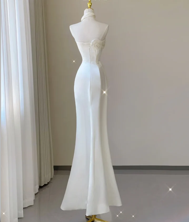 Classy Elegant Mermaid One Shoulder White Long Satin Wedding Dresses Brides Dress DP462 - Deanwangkt