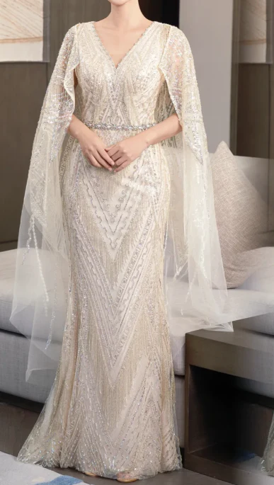 Elegant V-neck Sheath Wedding Guest Dresses Tulle Beaded Light Champagne Mother of the Bride Dresses with Cape DP3712 - Deanwangkt