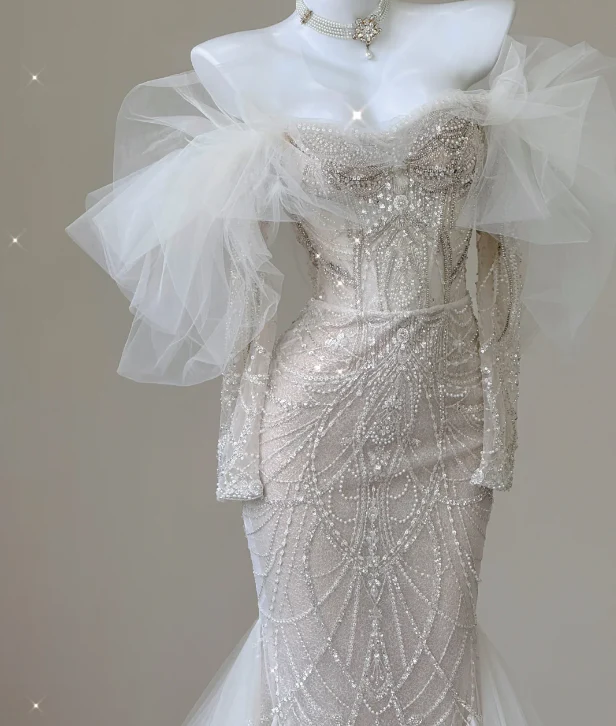 Elegant Mermaid Off The Shoulder Sequin Long Sleeves Wedding Dresses Brides Dress P0008 - Deanwangkt