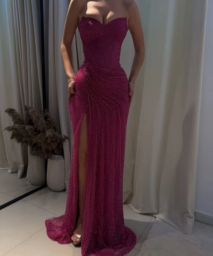 Elegant Mermaid Sweetheart Sequin Hot Pink Slit Long Prom Dresses Party Dress 18th Birthday Outfits Graduation Dresses DH2325 - Deanwangkt