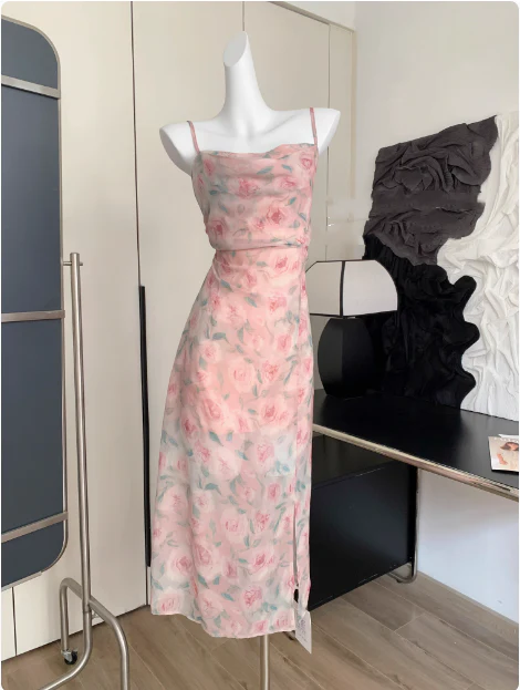 Cute A line Spaghetti Straps Pink Floral Long Chiffon Dress For Women DP0008 - Deanwangkt