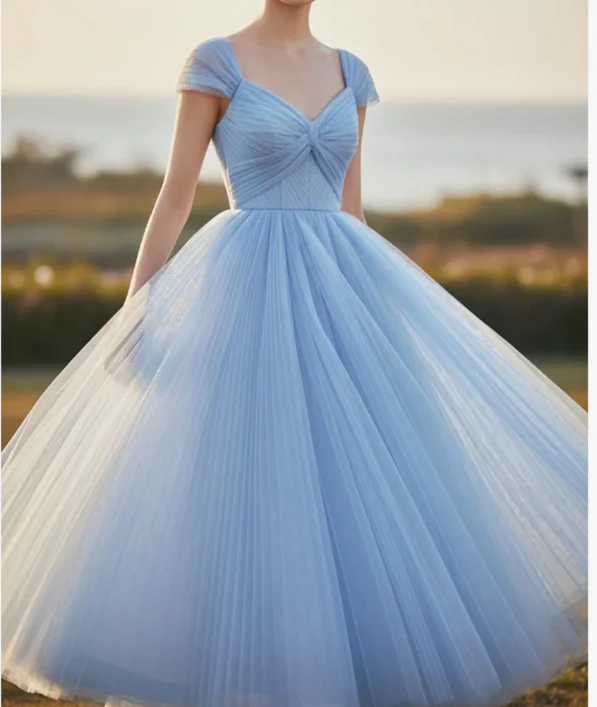 Elegant V-neck A-line Long Prom Dresses Grey Blue Long Formal Dresses DP3189 - Deanwangkt