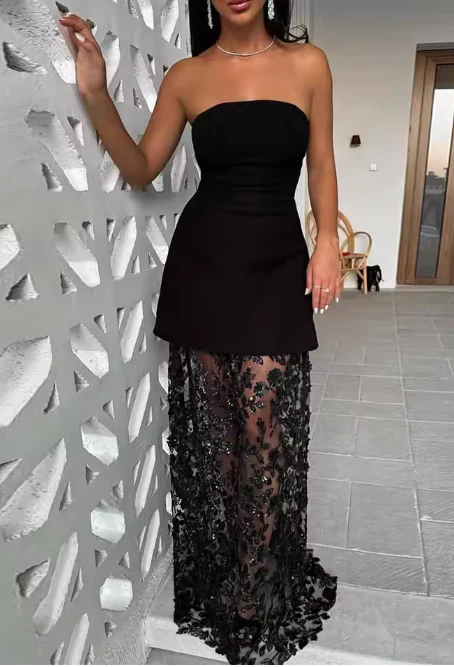 Pretty A line Strapless Black Night Dinner Evening Dresses Formal Summer Wedding Guest Dresses Wedding Guest Outfits DP2221 - Deanwangkt