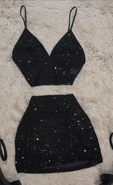Pretty Sheath 2 Pieces Little Black Dress Sequin Short Homecoming Dresses Summer Hoco Dresses Cocktail Dress Birthday Outfits W0576 - Deanwangkt