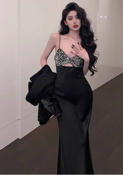 Modest Sheath Spaghetti Strap Long Evening Gown Black Formal Dress Elegant Sequin Satin Birthday Prom Dress DP2799 - Deanwangkt