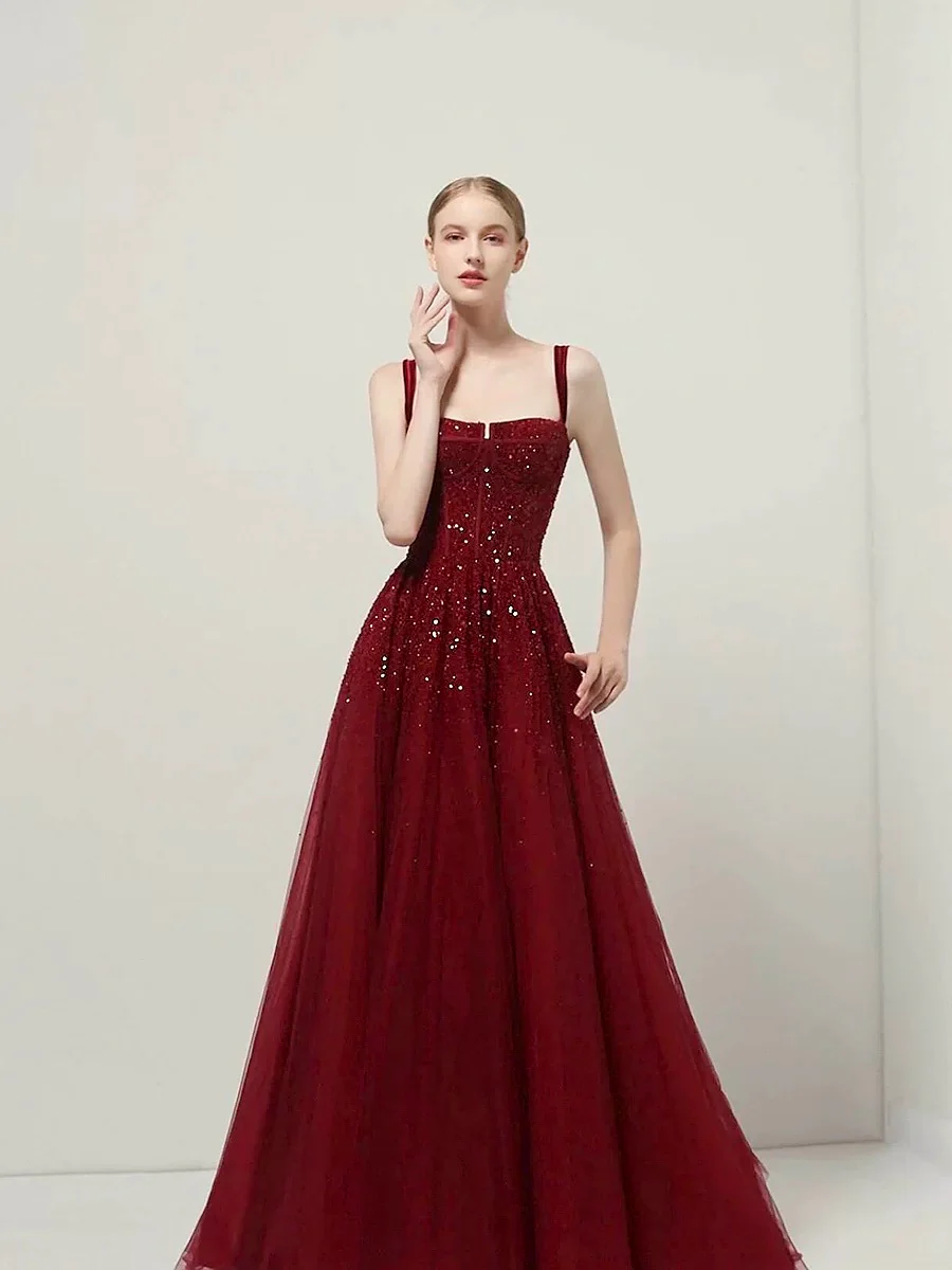 Classy Ball Gown Straps Burgundy Sequin Evening Dress Long Prom Dresses H2872 - Deanwangkt