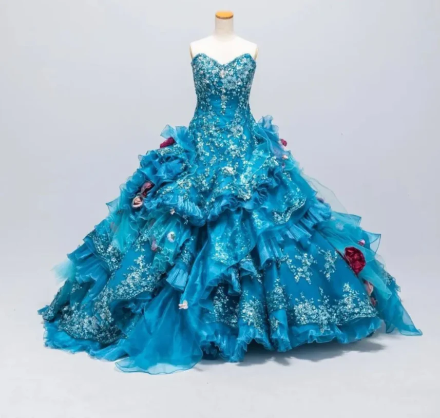 Fairy Sweetheart Ball Gown Tulle Long Prom Dresses Appliqué Blue Quinceanera Dresses Sweet 16 Dress DP3993 - Deanwangkt