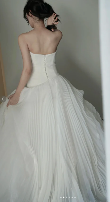 Modest Strapless Ball Gown Satin Wedding Dress, White Tulle Ruffles Bridal Gowns DP03025 - Deanwangkt