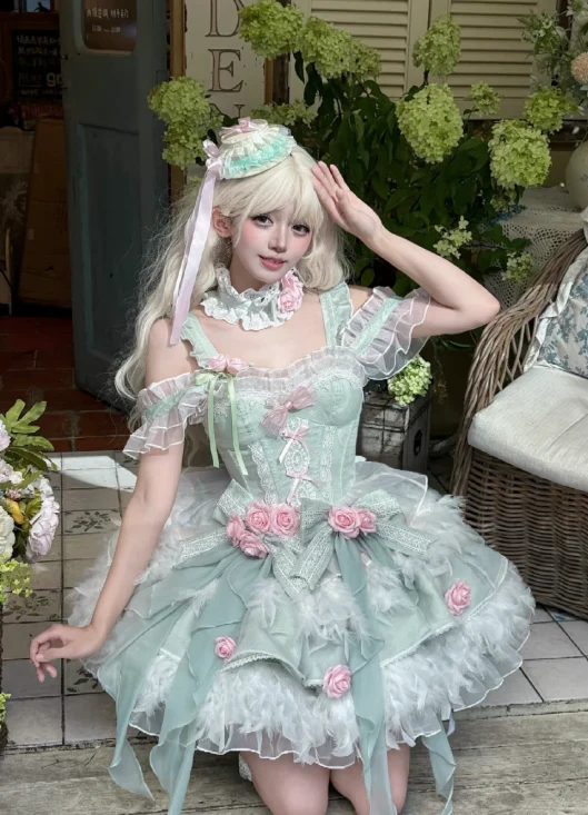 Sweet Off-the-shoulder Ball Gown Tulle Birthday Dress Light Green Lolita Dress DP03052 - Deanwangkt