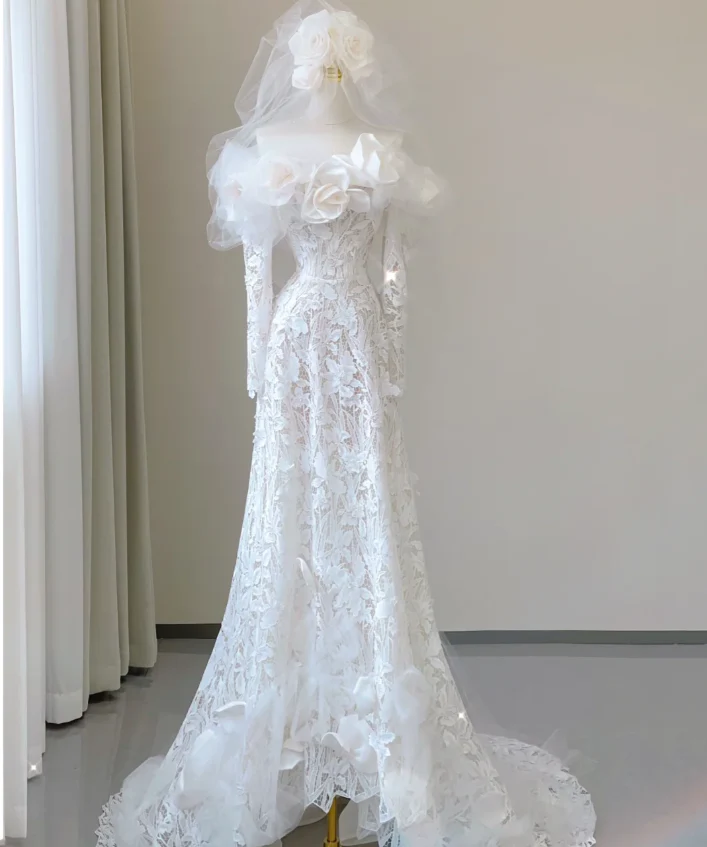 Classy Elegant Mermaid Off The Shoulder White Long Sleeves Flowers Wedding Dresses Brides Dress DP458 - Deanwangkt