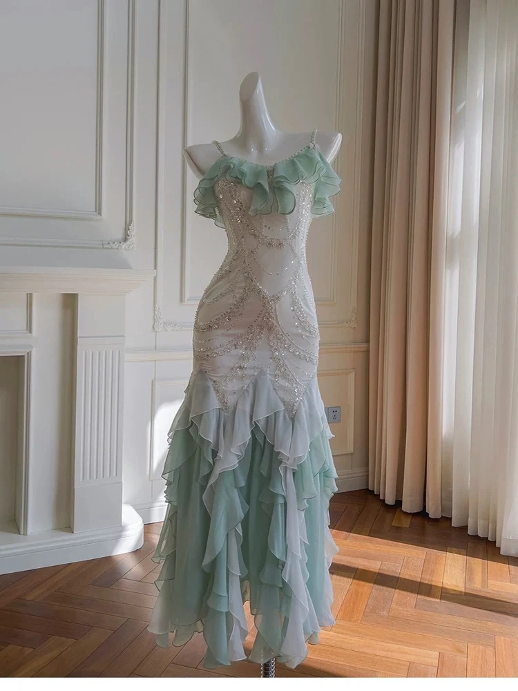 Elegant Mermaid Spaghetti Straps Sleeveless Chiffon Long Evening Party Gowns Evening Formal Dresses Prom Dress W893 - Deanwangkt