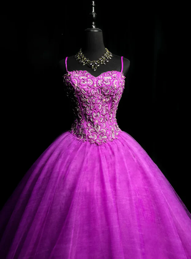 Fairy Ball Gown Tulle Long Prom Dresses Tulle Appliqué Spaghetti Straps Purple Quinceanera Dresses Sweet 16 Dresses DP04032 - Deanwangkt