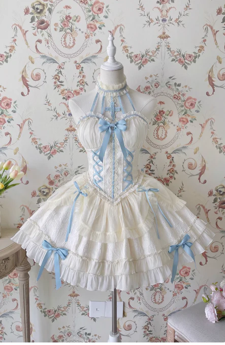 Vintage Ball Gown Halter White/Blue Tulle Lace 22nd Birthday Dress Lolita Dress Cute Lolita Outfits DP2763 - Deanwangkt