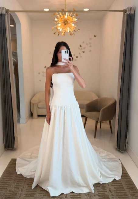 Classic Bridal Gown Ball Gown Strapless Sleeveless Satin Long White Wedding Dresses Elegant Bridal Gowns DH861 - Deanwangkt