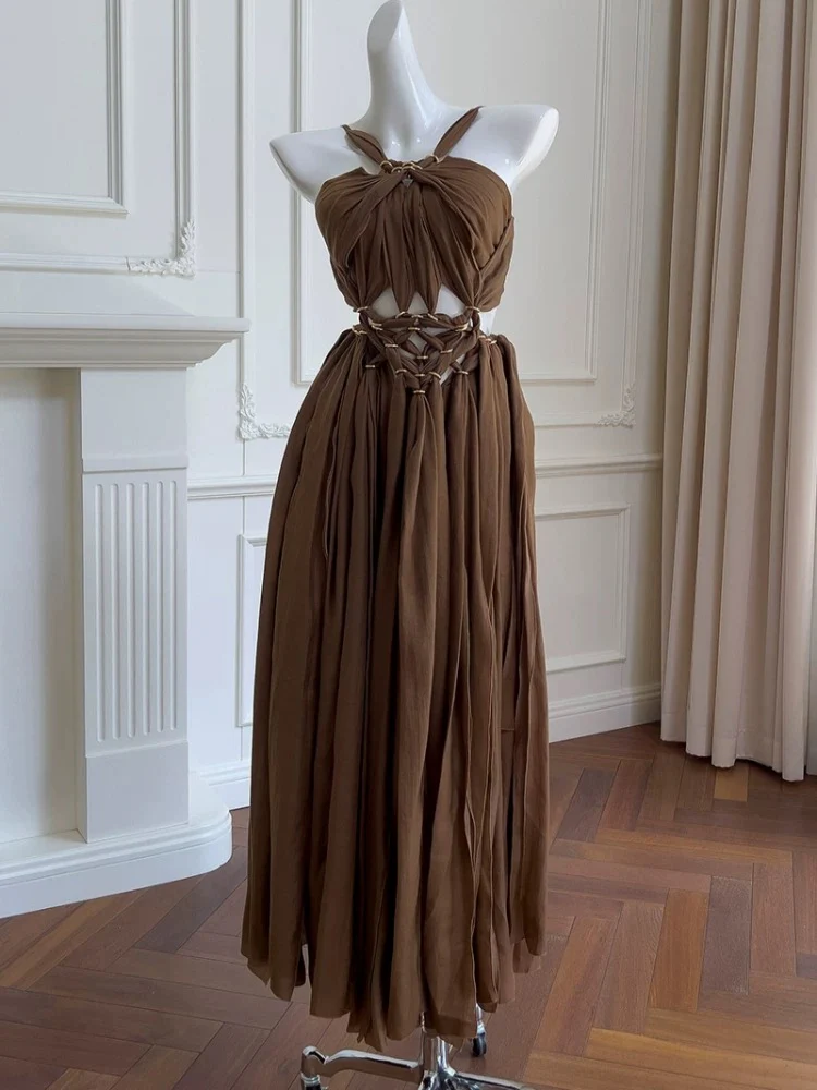 Elegant A Line Halter Brown Chiffon Sleeveless Long Evening Party Gowns Evening Formal Dresses Prom Dress DH105 - Deanwangkt