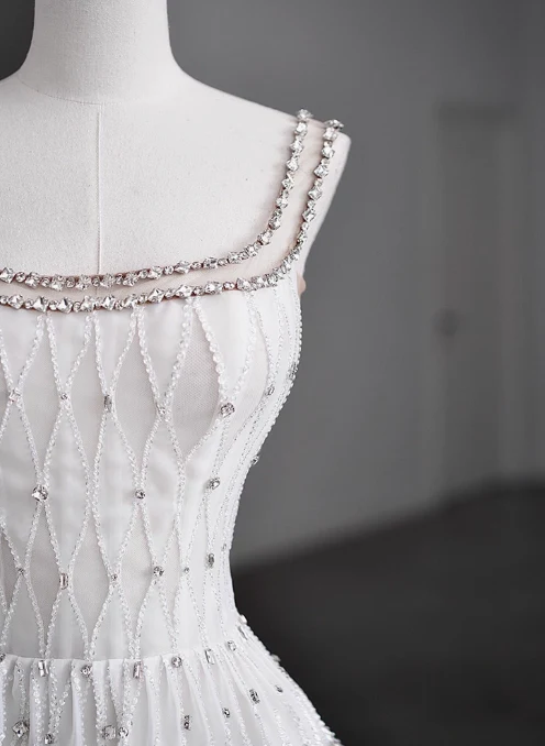 Modest A-Line Bateau Neck Bridal Dress White Tulle Long Wedding Dress Elegant Lace Beads Bridal Gowns DP2813 - Deanwangkt