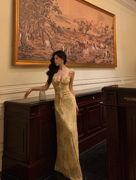 Elegant A line Spaghetti Straps Yellow Floral Sleeveless 21st Birthday Dress Party Gown Birthday Outfits Birthday Dress Ideas For Women DP544 - Deanwangkt