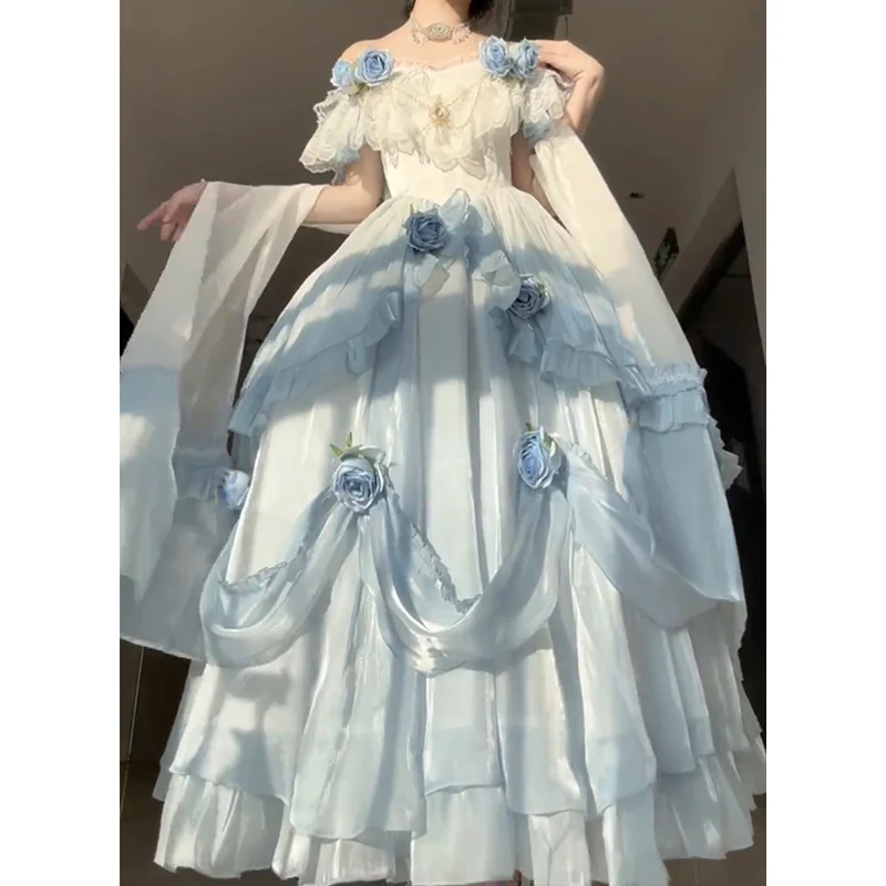 Vintage Ball Gown Off The Shoulder Short Sleeves 16th Blue Birthday Dress Lolita Summer Dress 18th Birthday Outfits W1134 - Deanwangkt