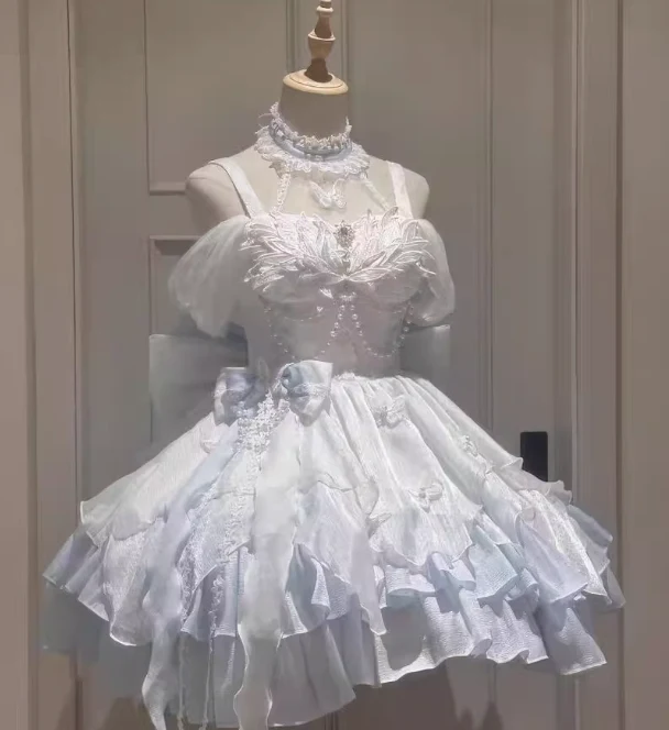 Vintage White Ball Gown Spaghetti Strap Chiffon Applique 22nd Birthday Dress Lolita Dress Cute Lolita Outfits DP2811 - Deanwangkt