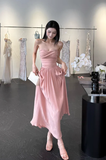 Elegant Strapless Sheath Chiffon Long Evening Dresses, Dusty Pink Formal Dresses DP3145 - Deanwangkt