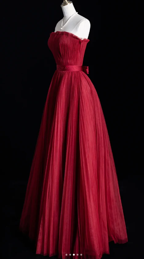 Gorgeous Strapless A-Line Long Prom Dresses Tulle Pleated Sleeveless Evening Dress Burgundy Formal Dresses DP3256 - Deanwangkt