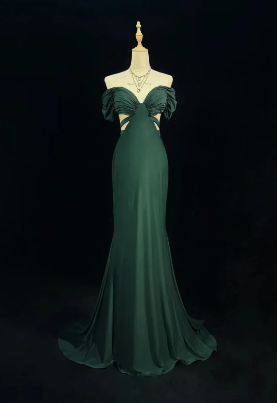 Vintage Off-the-shoulder Mermaid Chiffon Long Prom Dresses, Dark Green Formal Evening Dresses DP3099 - Deanwangkt