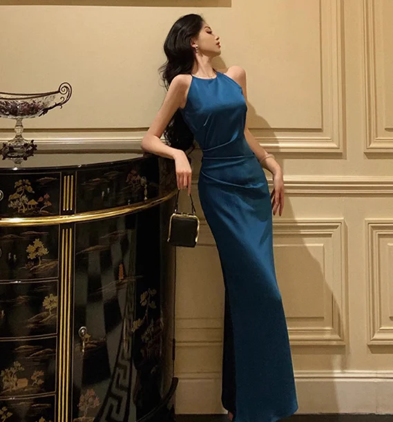 Pretty Mermaid Halter Navy Blue Satin 18th Birthday Dress Party Birthday Outfits For Women DP0167 - Deanwangkt