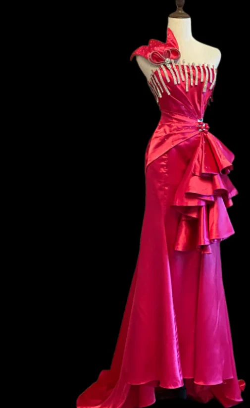 Chic One Shoulder Sheath Satin Long Prom Dresses, Hot Pink Formal Evening Dresses DP3092 - Deanwangkt